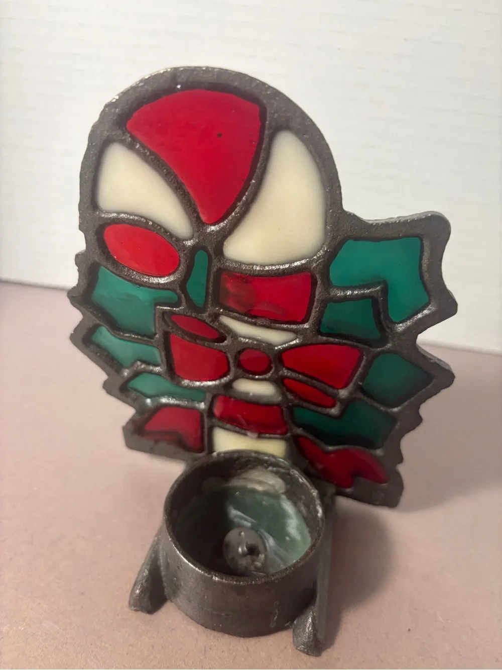 Holiday Stained Glass Candy Cane and Bow Decorative Accent - Red, Green, White